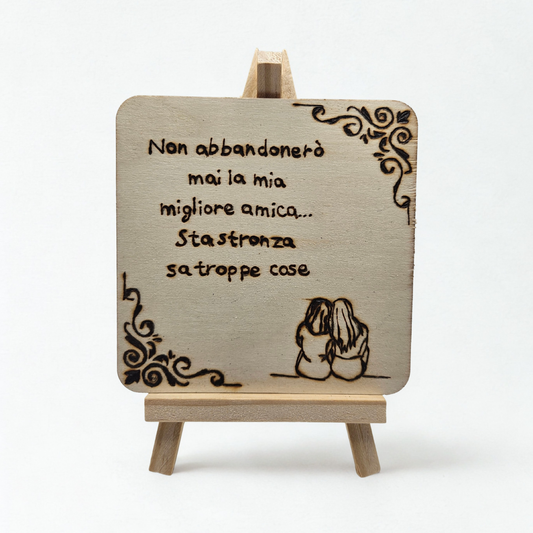 Tavoletta in legno “Non abbandonerò mai la mia migliore amica... sta stronza sa troppe cose” – con cavalletto